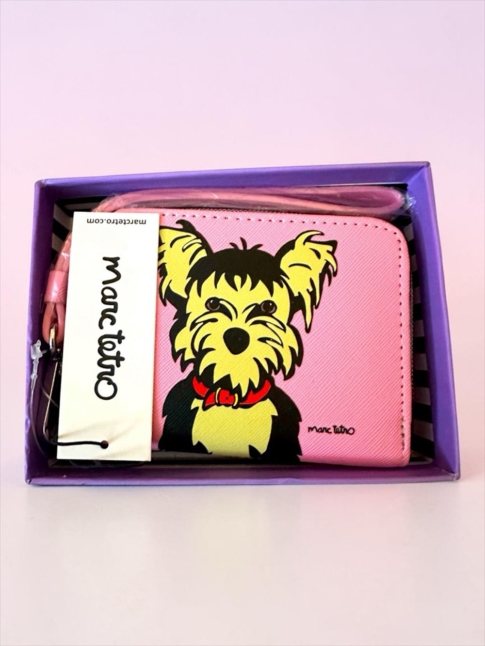 Marc Tetro Yorkie Pink Wallet - Wristlet with Striped Lining NEW Gift BOX
